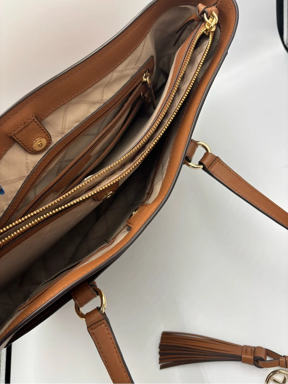 Michael Kors Large Brown Leather Tote Shoulder Bag Gold MK Charm Tassel
